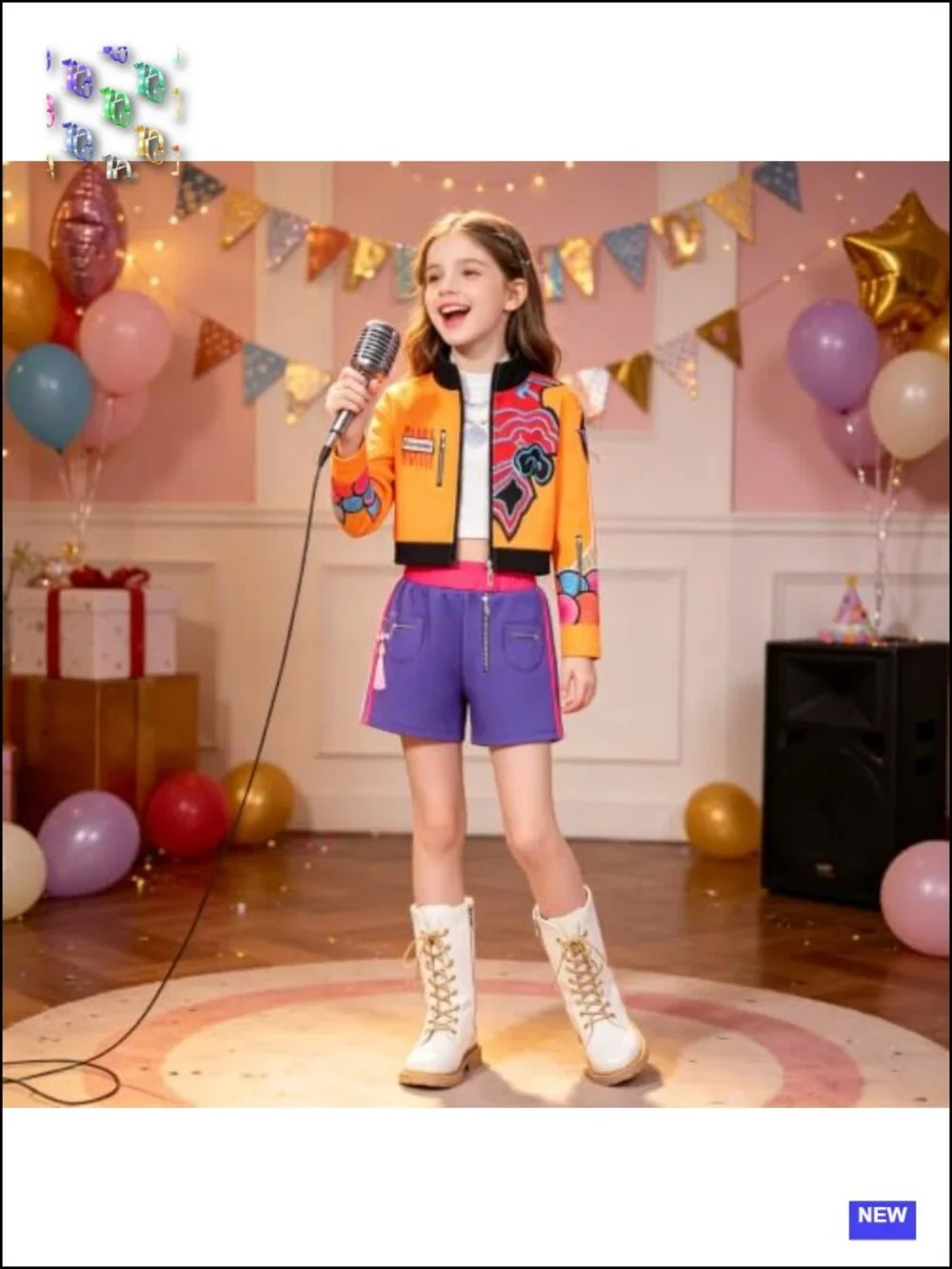 Girls Pop Star Hunter Costume Halloween Outfit with Jacket Top Shorts Braid &